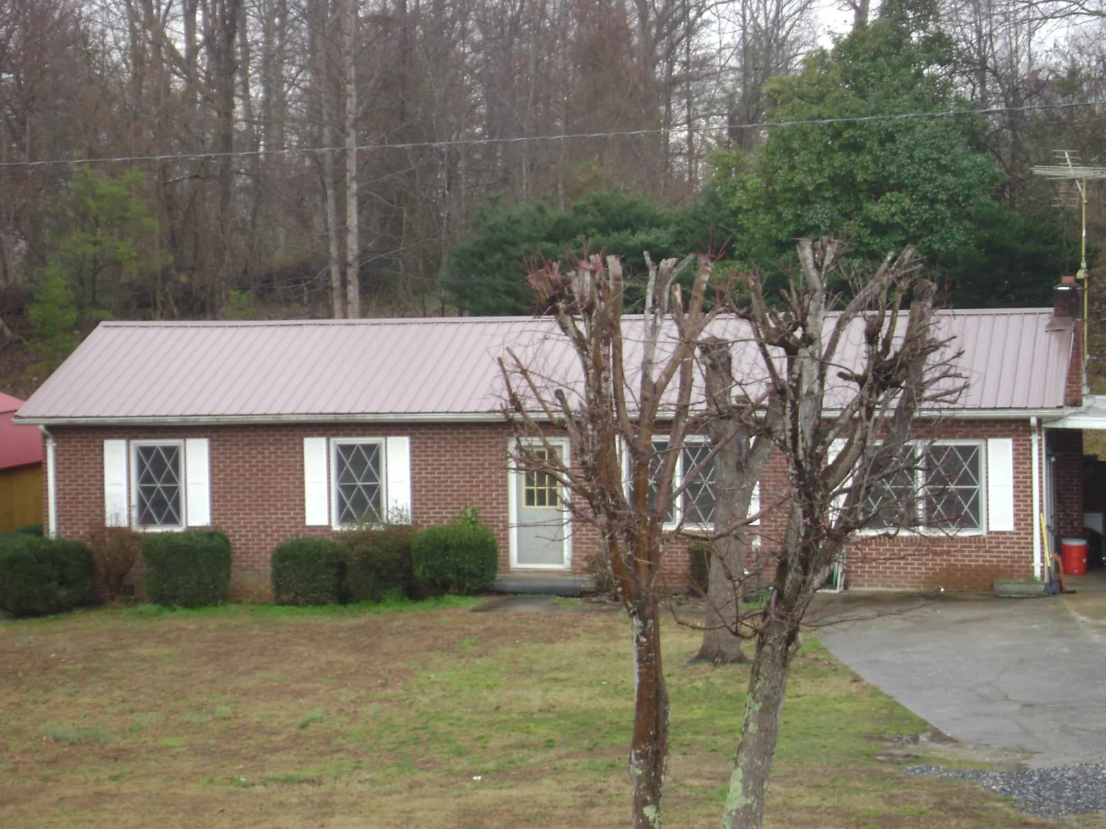 Mauve metal roof on a brick ranch home behind bare trees in Lake Toxaway