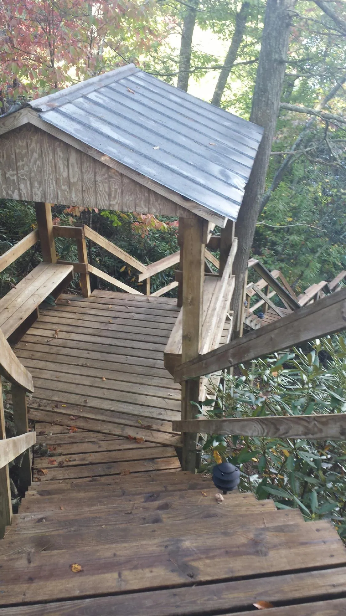 Metal roofed shelter over wooden steps on a wooded walkway — Skylight Repair & Installation work by our crew in Lake Toxaway